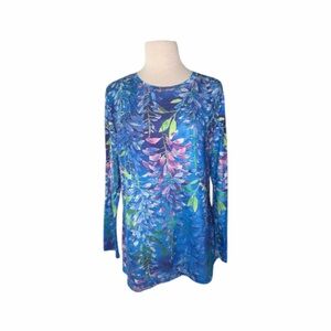 Long Sleeve Rainforest Floral Print Top Vibrant Colors Flowers Plants